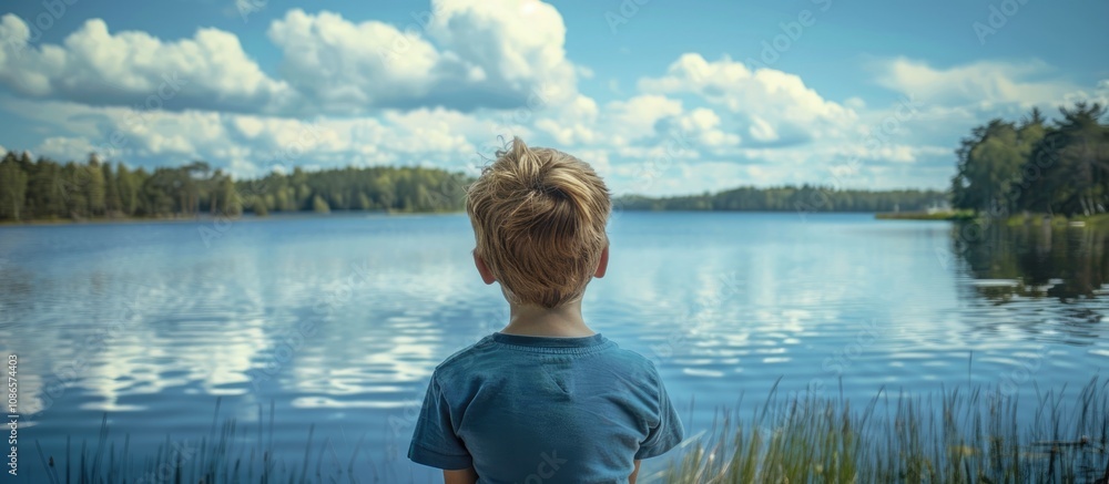 Fototapeta premium Young Boy Looking At Lake