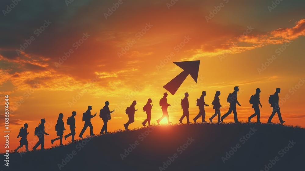 Fototapeta premium Silhouette figures in an upward arrow shape, success and progress symbolism
