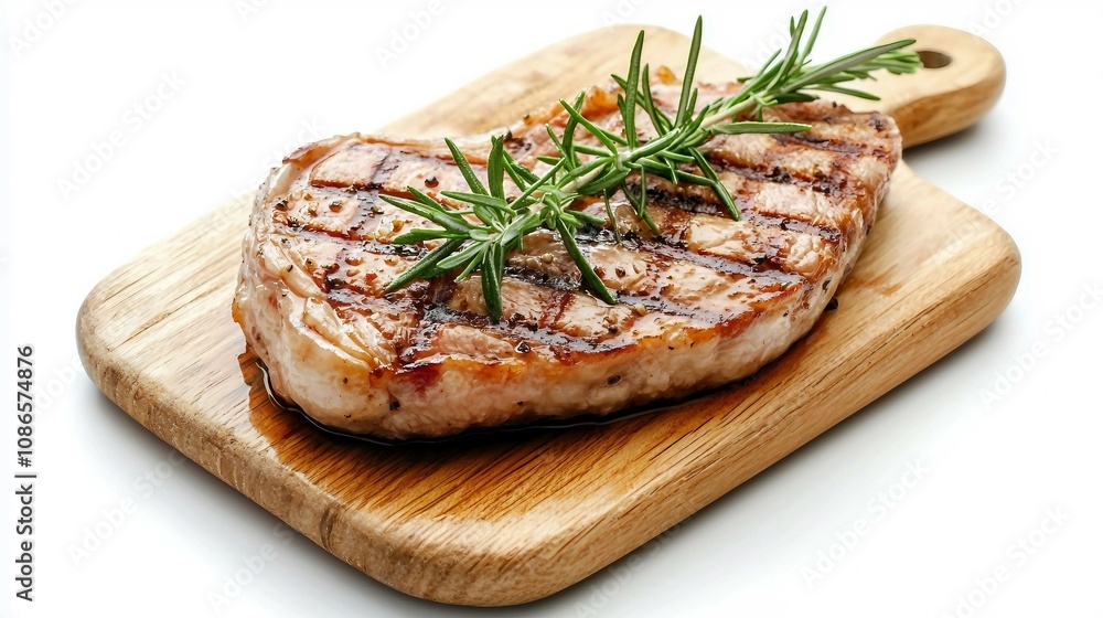Grilled Pork Chop Served on a Wooden Cutting Board Garnished with Fresh Rosemary Sprigs, Perfectly Cooked and Juicy, Ideal for Delicious Dining Moments Grilled Pork Chop Served on a Wooden Cutting Board Garnished with Fresh Rosemary Sprigs, Perfectly Cooked and Juicy, Ideal for Delicious Dining Moments