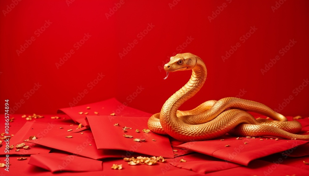 Obraz premium Golden Snake with Red Envelopes Background – A golden snake curled around traditional red envelopes