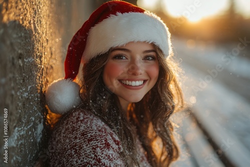 Jovial white woman Santa Claus in her iconic outfit sitting on a chair flashing a big smile with a hearty chuckle photo