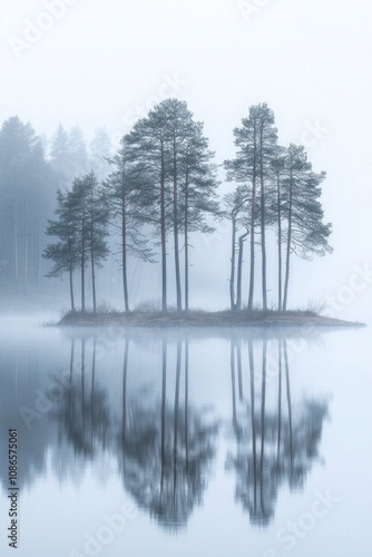 In the misty morning, tall trees stand by the lake with their reflection on the calm water