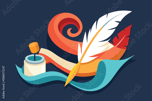 A striking design featuring a colorful scroll, a quill, and an inkwell on a dark background, A graphic design featuring a stylized scroll and quill pen, symbolizing learning and knowledge