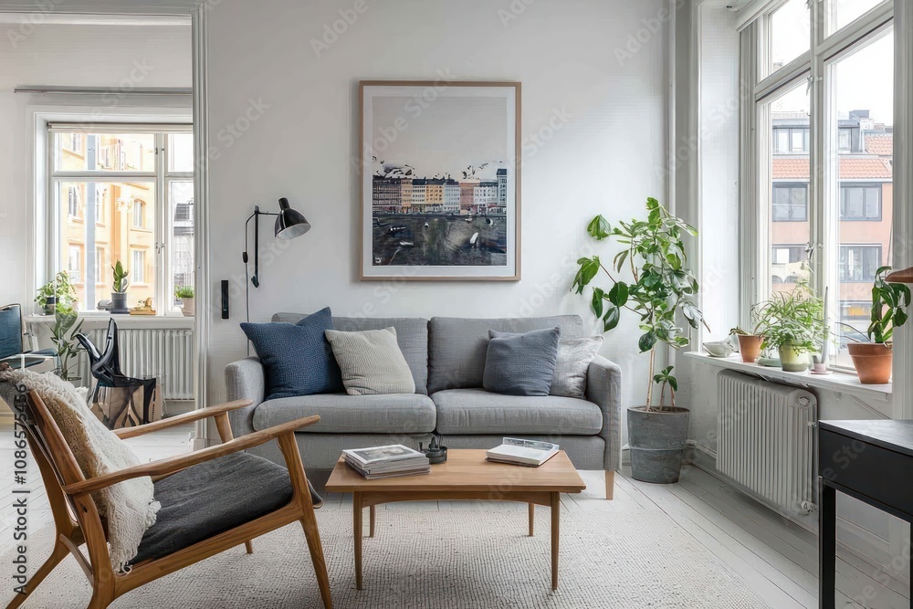 Simple Scandinavian room with a wooden chair and gray sofa by a poster wall. Simple Scandinavian room with a wooden chair and gray sofa by a poster wall.