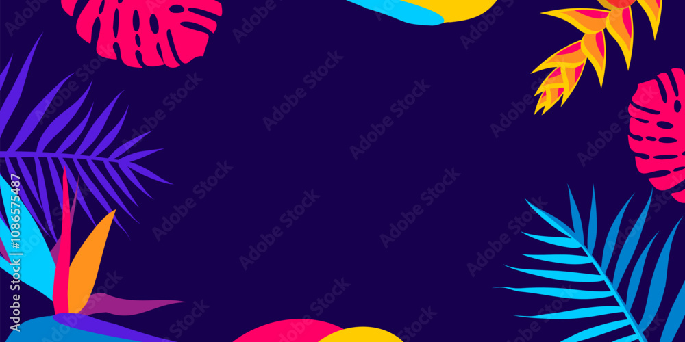 Obraz premium Tropical background. Vector web banner, poster, card for social media, networks. Frame of flowers on blue background. Template with copy space. Asian Pacific American Heritage Month background.