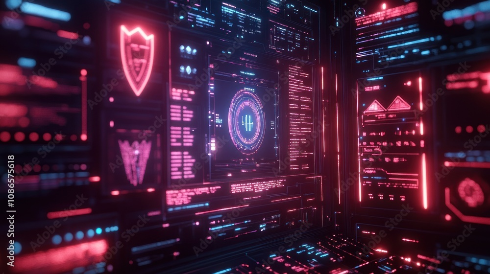 Fototapeta premium 3D rendering of AI computer calculating insurance with high precision surrounded by shields and coverage graphs