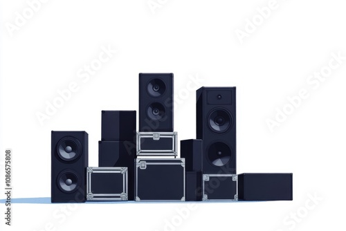 Array of black speakers and flight cases organized on-site, ready for stage construction