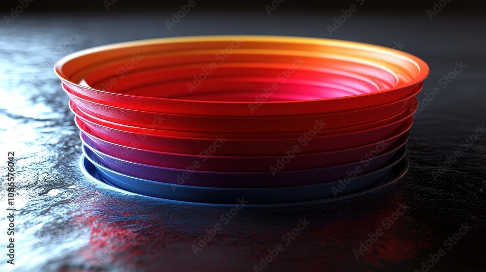 Vibrant Layers of Colorful Plastic Bowls with a Stunning Gradient Displaying a Beautiful Spectrum of Colors on a Reflective Surface Vibrant Layers of Colorful Plastic Bowls with a Stunning Gradient Displaying a Beautiful Spectrum of Colors on a Reflective Surface