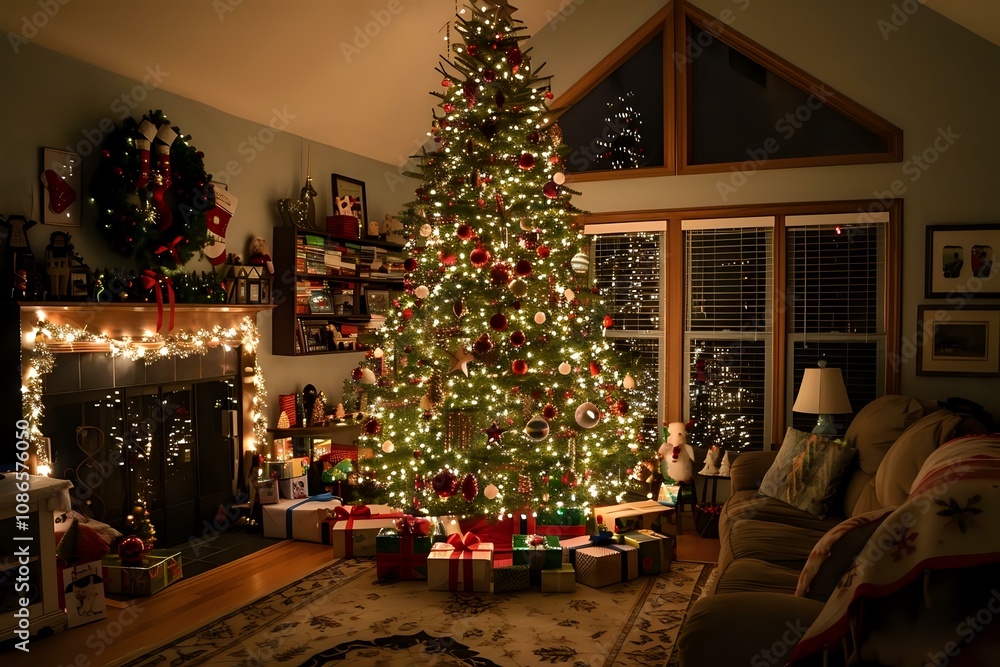 Obraz premium Cozy Christmas Evening: A Festive Home Scene with Decorated Tree and Gifts