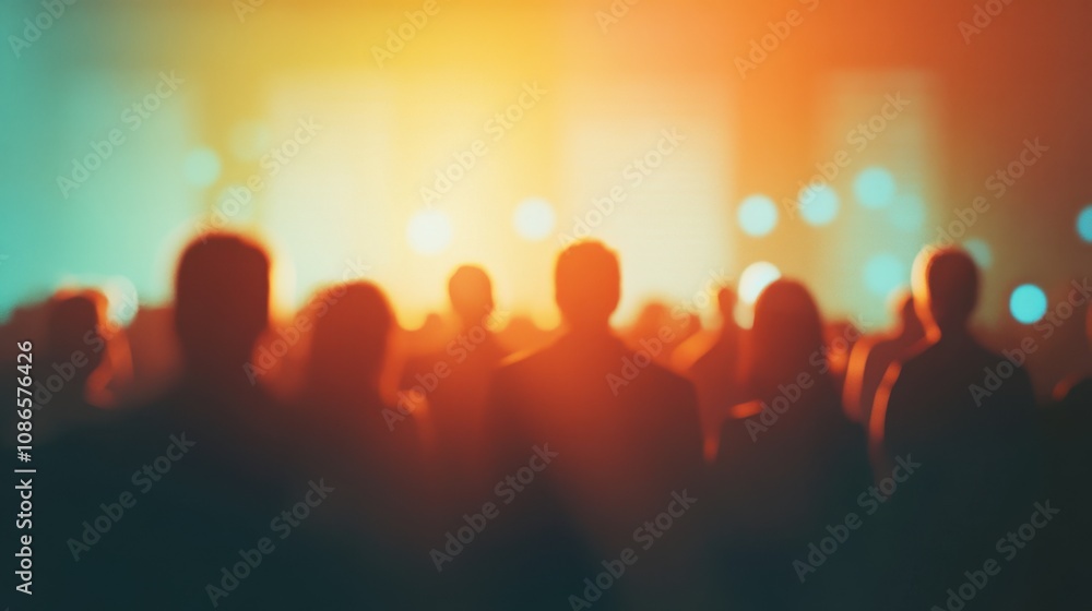Fototapeta premium Crowd enjoying vibrant performance under colorful lights during evening event in an urban setting