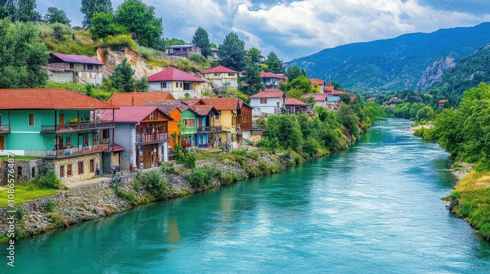 Fototapeta premium Vibrant River Village Amidst Scenic Mountains