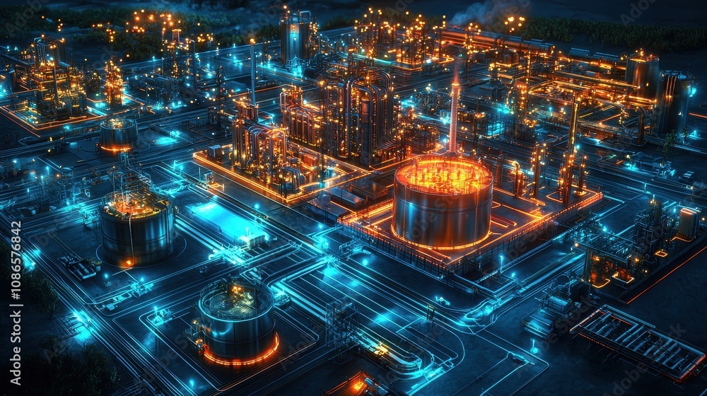 Fototapeta premium Futuristic Oil Refinery at Night with Illuminated Structures and Complex Networks Highlighted in Vibrant Neon Colors Against a Dark Background