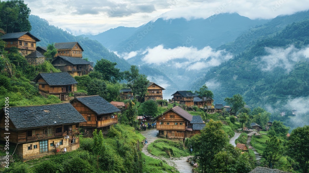 Scenic Mountain Village Surrounded by Lush Greenery Scenic Mountain Village Surrounded by Lush Greenery