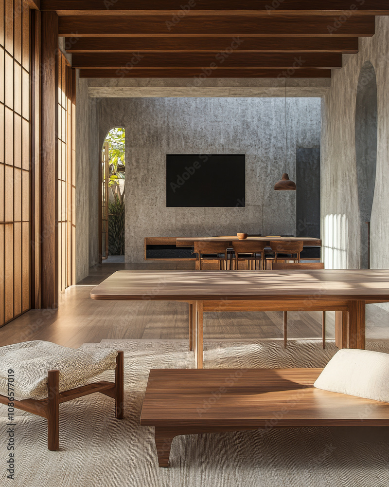 Modern interior design featuring wooden furniture in a spacious living area with natural light Modern interior design featuring wooden furniture in a spacious living area with natural light