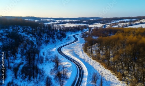 Winding road through snowy forest Aerial photo of winter landscape after heavy snowfall, Generative AI 