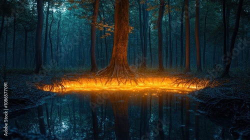 A forest of towering old trees with tangled roots forming an underground network with a glowing pond in the middle of the forest. photo