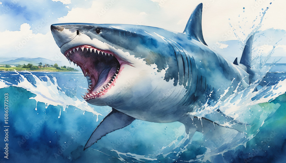 Fototapeta premium Giant shark open its mouth wide and leaps out of the sea, watercolor painting style.