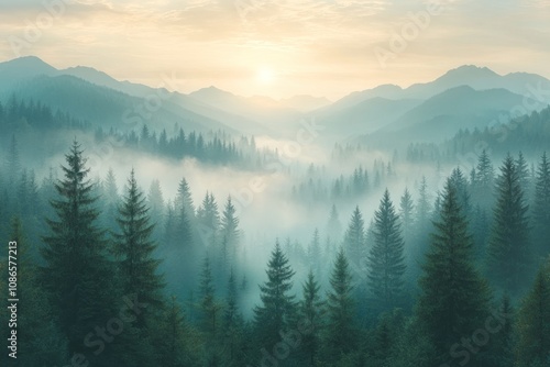 Misty mountain sunrise with pine trees silhouetted against the fog.