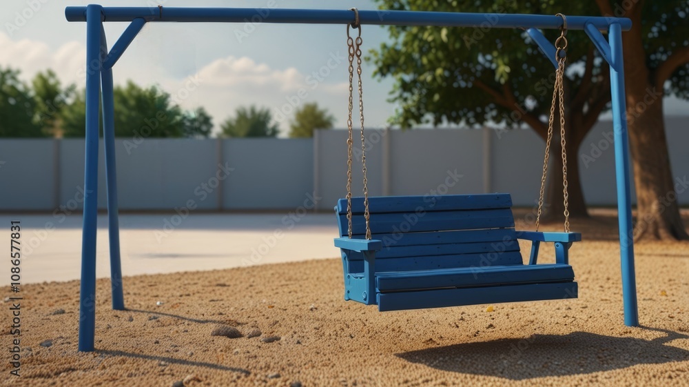 A vibrant blue swing hanging from a sturdy frame in a sandy playground, surrounded by greenery and soft sunlight, inviting relaxation and play. A vibrant blue swing hanging from a sturdy frame in a sandy playground, surrounded by greenery and soft sunlight, inviting relaxation and play.