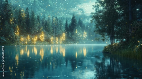 A magical lake with green-blue reflections and glowing trees all around it