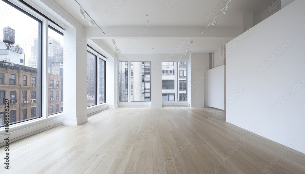 Large window and wooden floors in a minimalist white studio or office space.