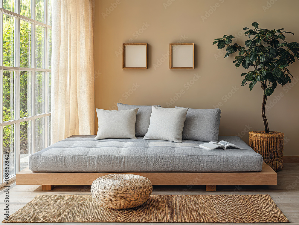 Fototapeta premium Cozy minimalist living room with gray sofa natural light and indoor plants in a tranquil setting