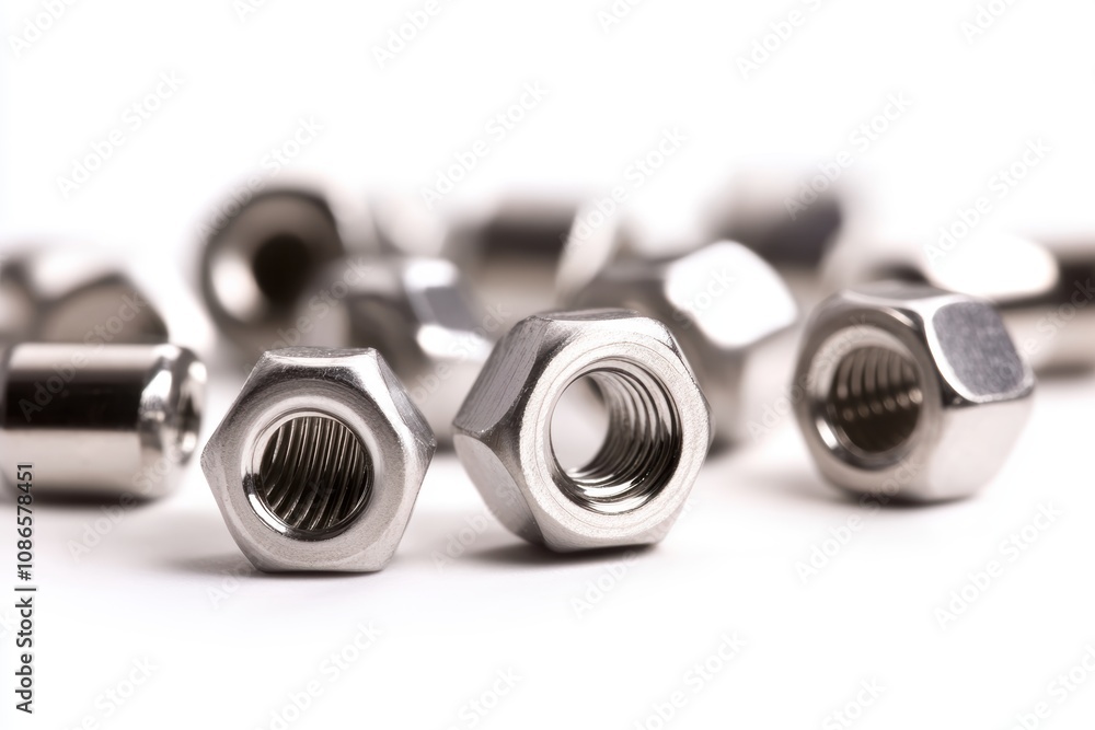 a high-resolution image of stainless steel nuts with visible threading and polished surface, durable and reliable for industrial use, isolated on white background a high-resolution image of stainless steel nuts with visible threading and polished surface, durable and reliable for industrial use, isolated on white background