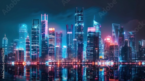 futuristic city skyline, neon lights, urban landscape, modern architecture, night scene with reflections, vibrant colors, futuristic ambiance, city life, architecture design, skyline photography, ill