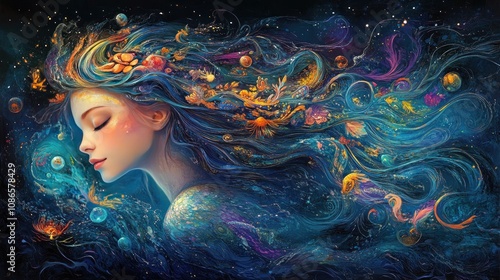 A mystical mermaid with shimmering scales and flowing hair that changes colors in the moonlit waters, surrounded by enchanted sea life photo