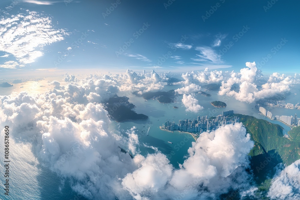 Naklejka premium White clouds in the sky, blue sea and green mountains on both sides, islands in the ocean surrounded by buildings