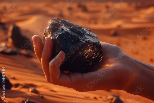 A hand holds a shiny black rock against a backdrop of orange desert sand, capturing a moment of nature's beauty and geology. photo