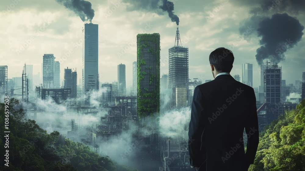 A businessman surveys a polluted cityscape dominated by smog and industrial structures, contrasted by a green building symbolizing sustainability. A businessman surveys a polluted cityscape dominated by smog and industrial structures, contrasted by a green building symbolizing sustainability.