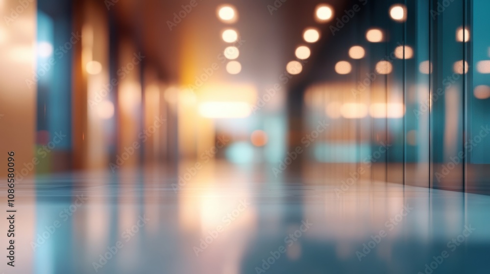 Softly blurred interior hallway with warm lighting creating a serene atmosphere during the evening hours Softly blurred interior hallway with warm lighting creating a serene atmosphere during the evening hours