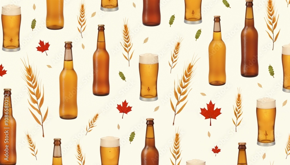 Seamless pattern of beer bottles and glasses with autumn elements like wheat and leaves Seamless pattern of beer bottles and glasses with autumn elements like wheat and leaves