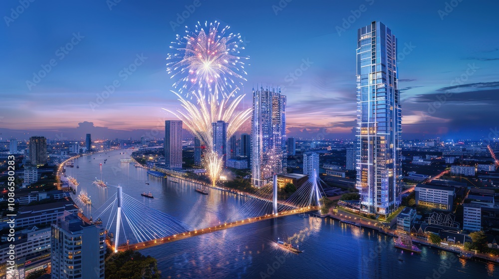 Naklejka premium Vibrant Cityscape with Fireworks Over Waterway