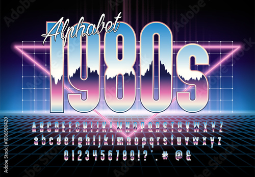 Retro Futuristic font in 1980s retrowave, synthwave style. Bright vector alphabet with chrome effect. Set with numbers, upper and lower case letters. Type for flyer, banner, poster, cover, etc.