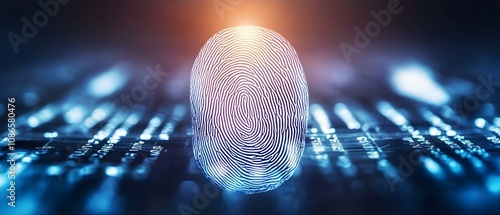 A stylized fingerprint against a digital background, symbolizing identity and cybersecurity technology. Concept Digital Identity, Cybersecurity Solutions, Stylized Fingerprint