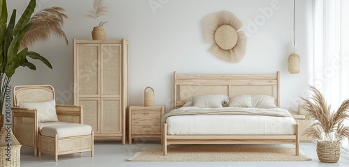 Scandi Boho designd bedroom backdrop with white elements and natural wood decor. photo