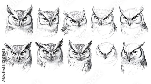 Pencil Sketch Studies of an Owl's Face AI Generated