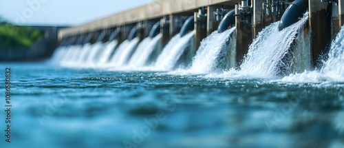 A series of water outlets releasing water into a body of water, creating splashes and ripples. Concept Water Outlets, Splash Effects, Ripple Patterns, Fluid Dynamics, Aquatic Photography photo