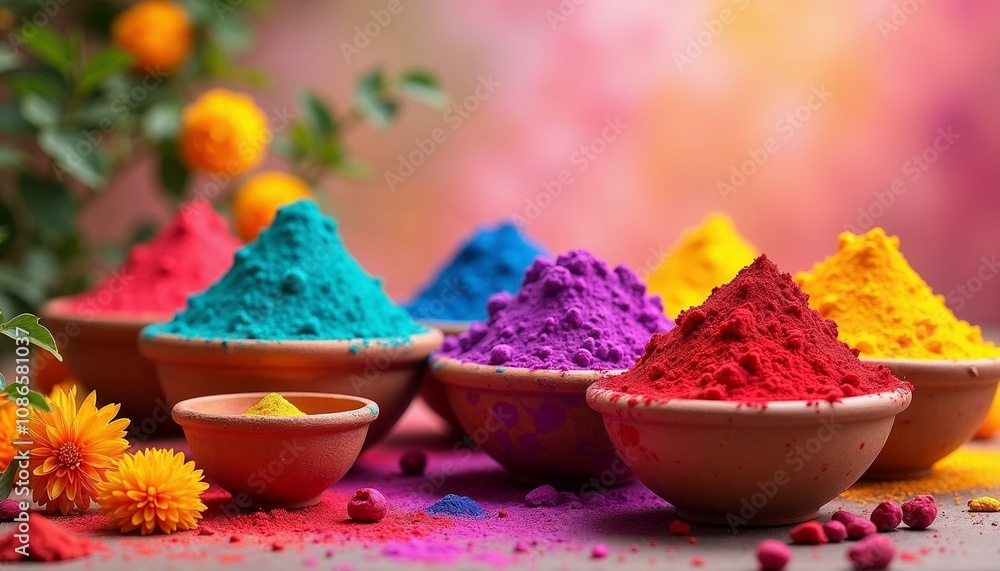 Traditional clay pots with vibrant Holi powders on patterned cloth Traditional clay pots with vibrant Holi powders on patterned cloth
