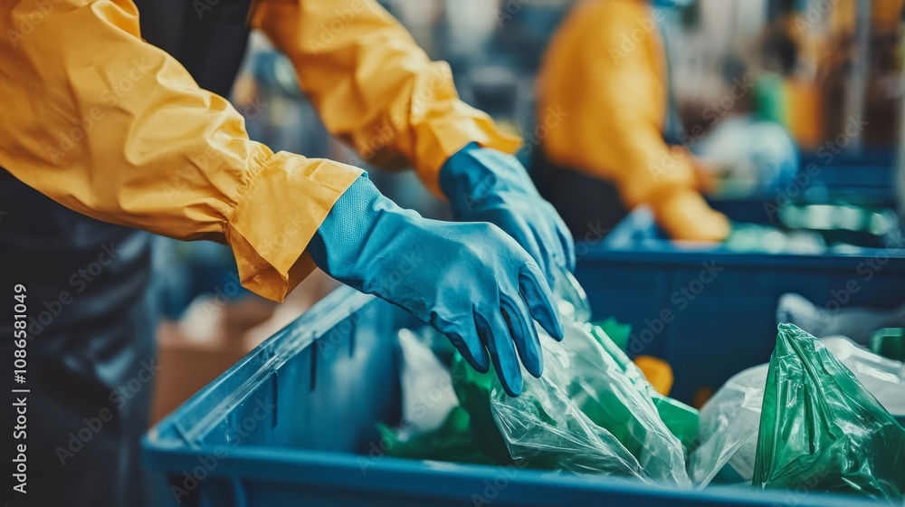 Obraz premium A worker in gloves sorts recyclable materials in a blue bin at a waste management facility, highlighting efforts in sustainability and recycling.