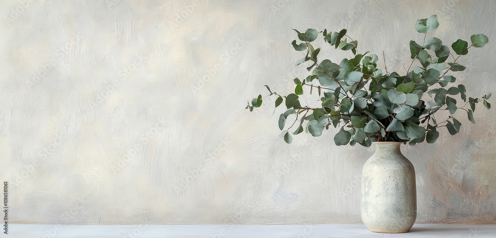 White table featuring a vase with eucalyptus, perfect for adding text or copy. White table featuring a vase with eucalyptus, perfect for adding text or copy.