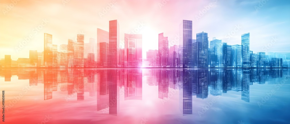 A vibrant city skyline at sunrise or sunset, with colorful reflections in water and tall buildings contrasting in colors. Concept City Skyline, Sunrise/Sunset, Colorful Reflections, Tall Buildings A vibrant city skyline at sunrise or sunset, with colorful reflections in water and tall buildings contrasting in colors. Concept City Skyline, Sunrise/Sunset, Colorful Reflections, Tall Buildings