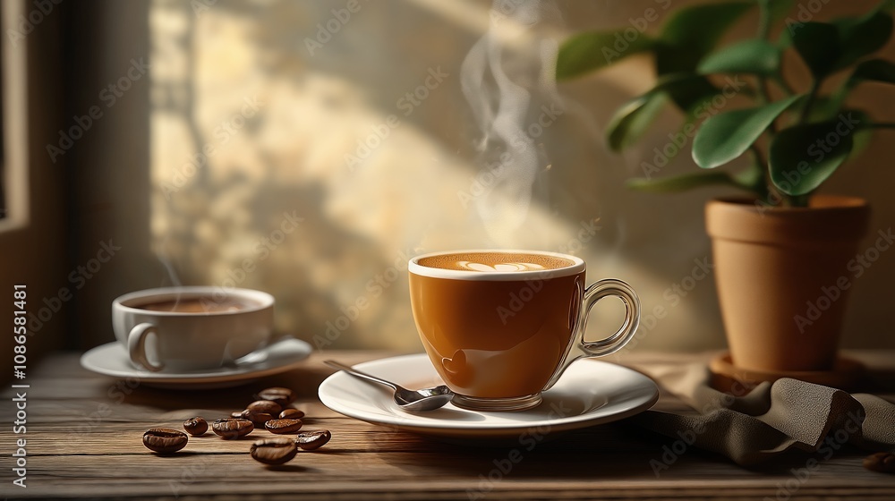 Warm Coffee Scene with Steam and Plants Warm Coffee Scene with Steam and Plants