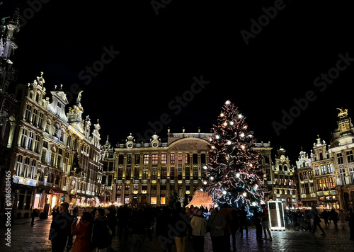 Christmas Time in Grand Place, Brussels, Belgium Surrounded by Holiday Lights