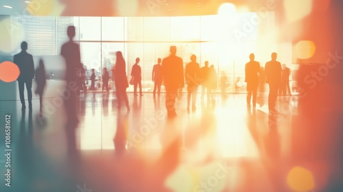 People walking in a brightly lit urban space during sunset, casting long shadows and creating a lively atmosphere