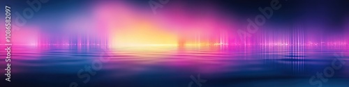 A colorful, abstract painting of a body of water with a sunset in the background