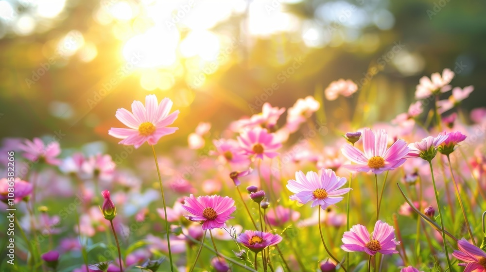 Pink Cosmos Flowers Bask In Golden Sunlight Pink Cosmos Flowers Bask In Golden Sunlight