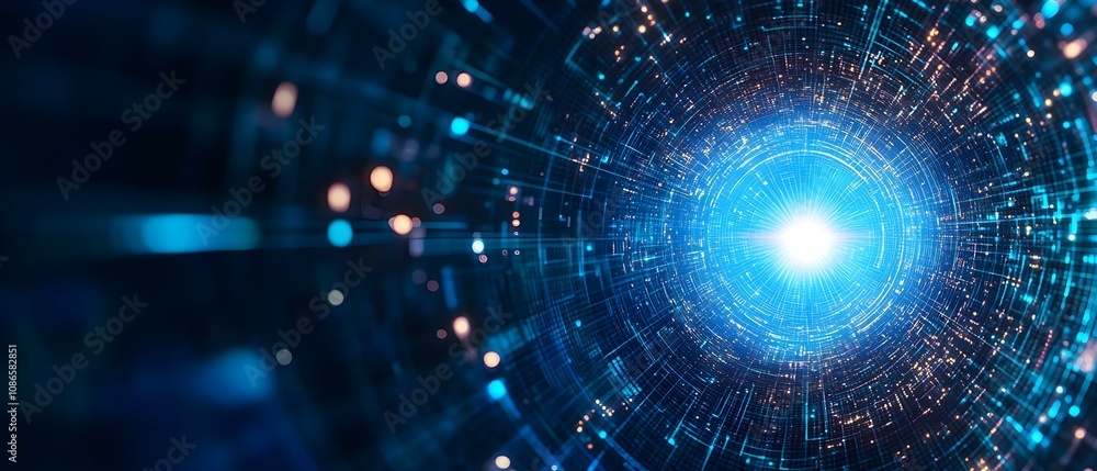 Obraz premium A swirling tunnel of light and particles, creating a sense of depth and motion, suggesting a journey through space or time. Concept Swirling Light Tunnel, Particle Motion, Cosmic Journey